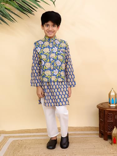 Image of The Mom Store Boys Printed Cotton Kurta Pajama Set With Jacket | Soft And Comfortable Ethnic Wear For Baby /Kids Boys | Full Sleeves Kurta Pyjama Set | Traditional Indian Outfit