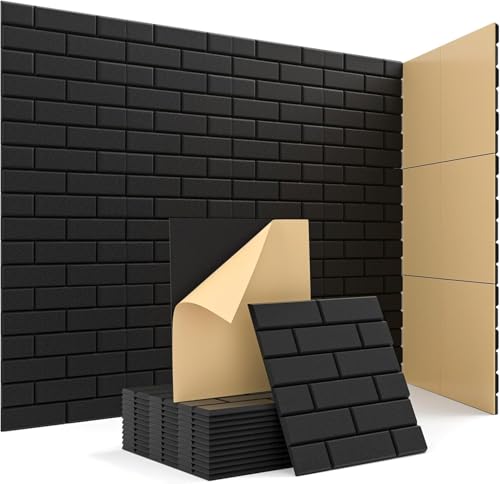 Image of Kuchoow Acoustic Sound Absorbing Wall Tiles Self Adhesive Brick Pattern Panels, 12 Pack Black Peel And Stick Decorative Sound Absorption Felt Panels for Studio Recording Ceiling Room Bedroom Door