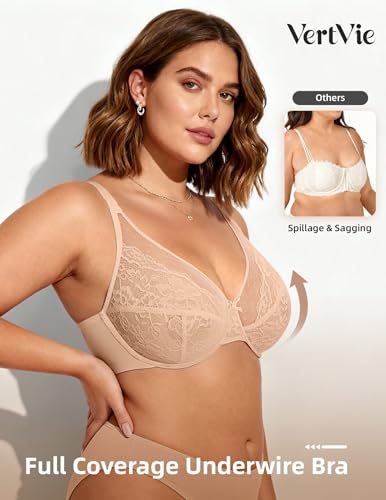 Image of Vertvie Minimizer Bra for Women Underwire Full Coverage | Supportive for Heavy Breasts, Unlined Soft Lace, Lightweight, Comfortable, Adjustable, Flattering for Plus Size Everyday Wear