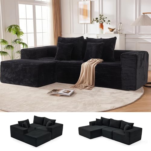 GASLIKE Sofá Modular de Suelo 278 cm – Sofá Rinconera de Pana con Puf Otomana, Diseño en L para 3-4 Personas, Asiento Profundo con Espuma de Alta Resiliencia, Sin Montaje, Negro