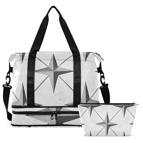 Gray Four-pointed Star Travel Tote Gym Bag Weekender Bag with Adjustable Strap for Workout 2 Pcs Set2