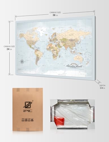 Image of IPIC - Canvas World Maps for Wall Decor, Push Pin Board Decor to Mark Travels, Oversize World Travel Map Print for Home, Office, Study, and RV, Ready to Hang