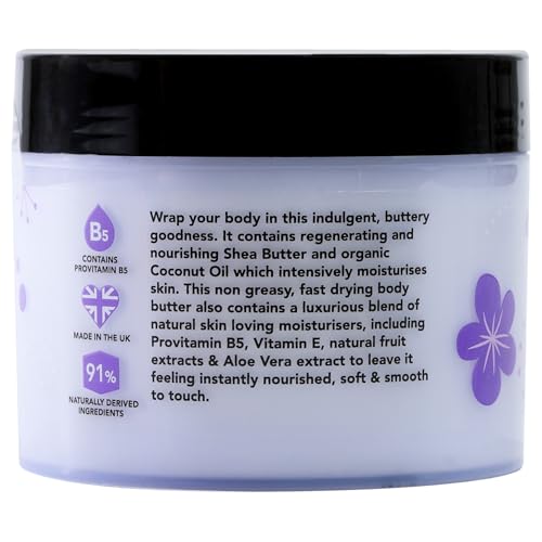I Love Violet Dreams geparfumeerde lichaamsboter, boordevol sheaboter en kokosolie om de huid te regenereren en te voeden, 85% natuurlijke ingrediënten, veganistisch - 300 ml