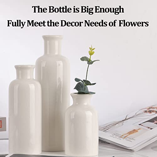 Image of White Ceramic Vase Set - 3 White Small Vases, Farmhouse Country Flower Vase Home Decor, Living Room Decoration, Table Decoration, Fireplace Decor, and Entrance Decorations Centerpieces