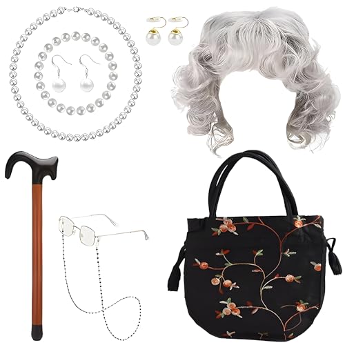 MOSNOW 9pcs Granny Costume Set for Adult Women - Grey Wig & Glasses Included | Instant Old Lady Fancy Dress Kit with Pearl Jewelry & Accessories | Easy Wear Realistic Material