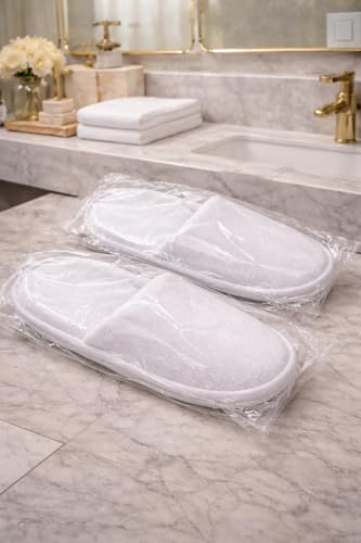 Image of 25 Pairs Hotel Guest Room Slippers - Terry Towel Close-Toe, 5MM Sole, Free Size (Unisex, White) | Disposable Hotel Accessories & Travel Kit Essentials