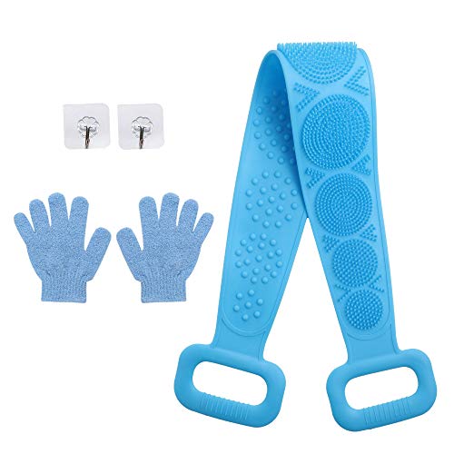 TENDU Silicone Back Scrubber Belt (72cm/30inch) – Extra Long-Double-Sided Bath Scrub Strap Gently Massages and Exfoliates Skin - Easy to Clean and Odor-Resistant - Nylon Shower Gloves Included