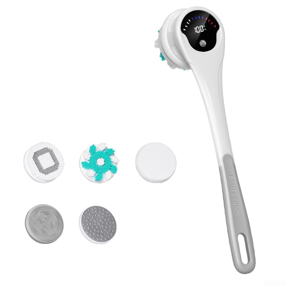 Spazzola da bagno elettrica con manico lungo 5 in 1, set di spazzole da doccia automatiche per la pulizia del corpo, esfoliante, massaggiante, strumento di pulizia del bagno con testine