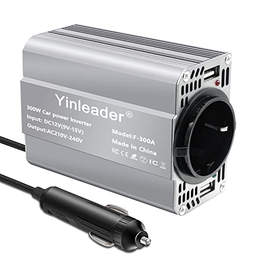 Yinleader Convertisseur 12V 220V 300W, Onduleur de Voiture avec Allume-Cigare, Transformateur de Tension (1 Prise EU, 2 USB 3.1A), Adaptateur Secteur Portable pour Auto, Camping, PC Portable