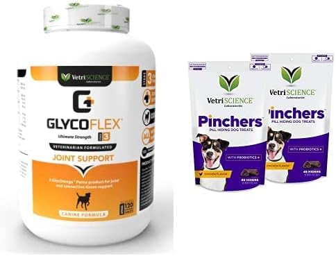 VetriScience Glycoflex Maximum Strength Hip and Joint Supplement with Glucosamine for Dogs and Pinchers Pill Hiding Treats