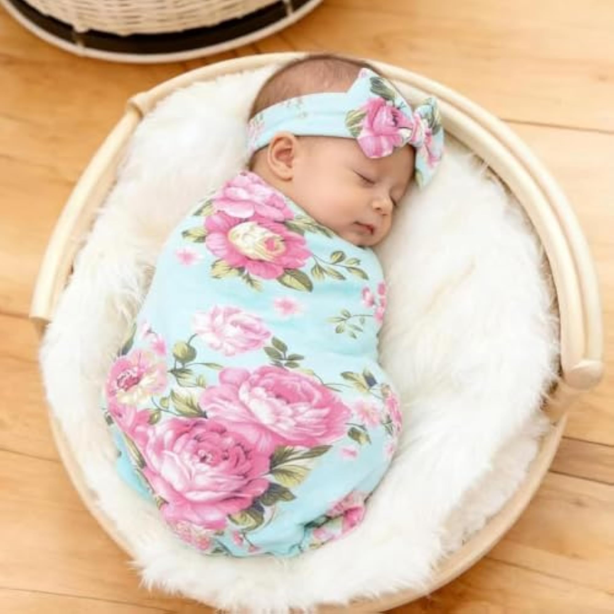 Newborn Cotton Headband Set with Flower Print Swaddle Blankets