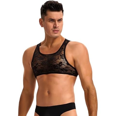 sunshinelady Mens Lingerie Sleeveless Sissy Clothes Sexy Lace Gay Lingerie Mesh Crop Tops for Men Floral Black XL Cover