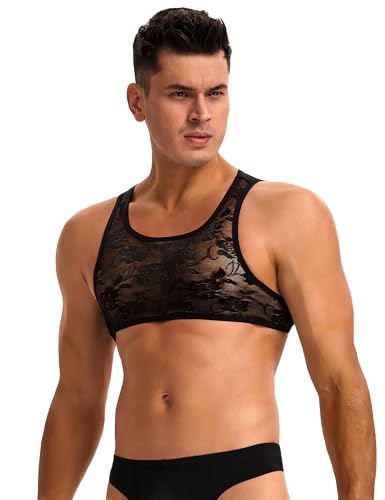 Mens Lingerie Sleeveless Sissy Clothes Sexy Lace Gay Lingerie Mesh Crop Tops for Men Floral Black S-XL3