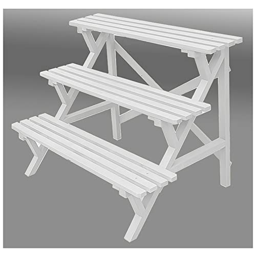 Soporte de madera para plantas con 3 niveles para interiores y exteriores, escalera de varios niveles, estante de almacenamiento grande, estante impermeable para escalera, color blanco, tamaño grande