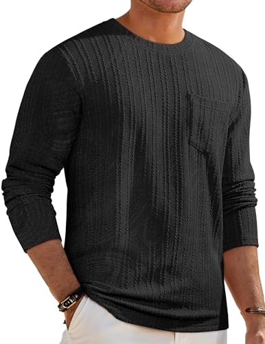 JMIERR Men's Long Sleeve Shirts Casual Crewneck Pullover T-Shirt Stretch Textured Knit Tee with Pocket