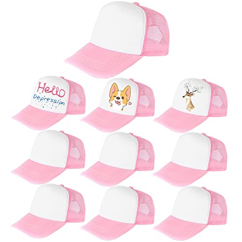 Outink 10 Pack Kids Mesh Baseball Cap Adjustable Sublimation Blank Snapback Trucker Sun Hat for Sports Outdoor (10Pack-Pink White)