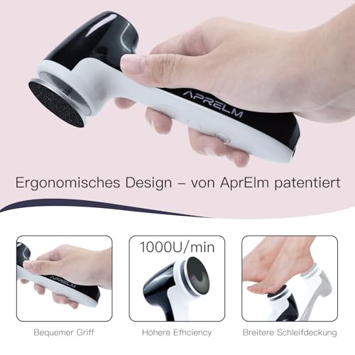 AprElm-E7 Professioneller Hornhautentferner Elektrisch & Fußpflege-Set – Wiederaufladbar, 1000 U/min mit 3 Geschwindigkeiten, 120 Schleifpapier in 3 Größen, für hornhaut entfernen– schwarz