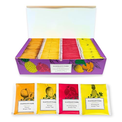 Premium Organic Fruit Green Tea Sampler, 100 Count Assorted Tea Bags, Caffeinated & Herbal Variety Pack Pineapple, Pomegranate, Mango, Peach Flavors
