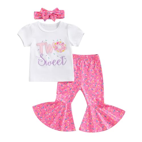 YOKJZJD 3Pcs Baby Girl 1st Birthday Outfit Sweet One Two Sweet Short Sleeve T-Shirt Tops Bell Bottom Pants Set Summer Clothes (Two Sweet Pink, 2-3 Years)