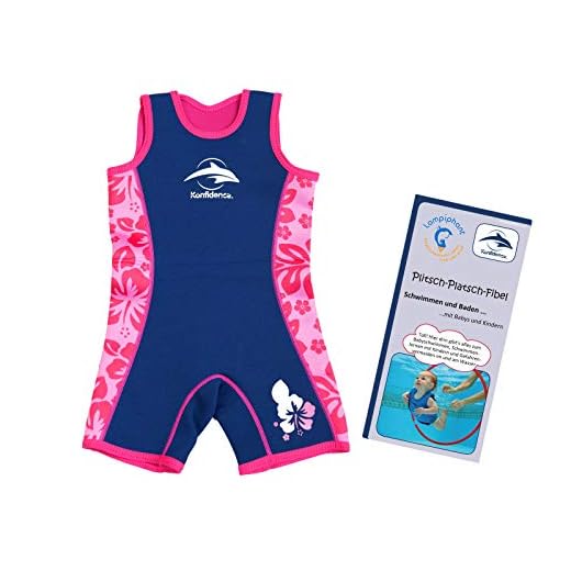 Lampiphant® + Konfidence Warma Wetsuit, Kinder-Badeanzug aus Neopren mit Plitsch-Platsch-Fibel, rosa Blumen, Größe 4-5 Jahre