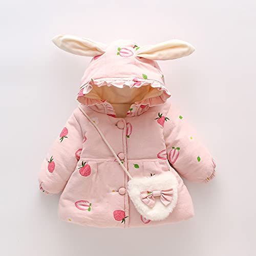 Baby Girls Puffer Jacket Bunny Ear Hooded Winter Coat with Bag Padded Down Jacket Strawberry Print Bubble Coat Set4