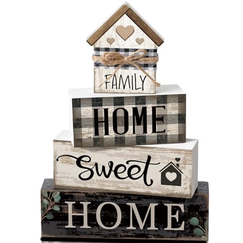 Image of Moucuny 4 Pcs Farmhouse Table Decor Rustic Home Sweet Home Farmhouse Tiered Tray Decor Retro Wooden House Shaped Block Signs Housewarming Gifts Neutral Centerpiece for Kitchen Shelf