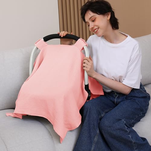 Image of 100% Muslin Cotton Car Seat Cover Baby, Carseat Canopy Cover, Universal Fit Stroller Covers for Boys and Girls (Pink)