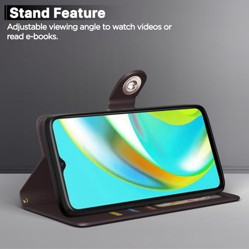 Image of Pikkme Flip Cover Leather Finish | Inside TPU with Card Pockets | Wallet Stand and Shock Proof | Complete Protection Button Flip Case for Realme C12 / Realme Narzo 20 / Narzo 30A / Realme C25 (Coffee)
