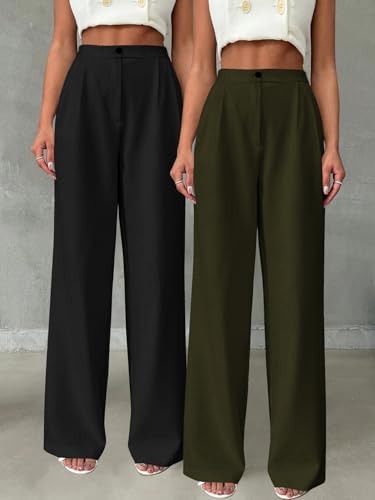 Image of Toochki Trousers for Woman Pants Women's Formal Office Korean | Beige Track Pant | Straight | Cotton Spandex Stretchable Trouser | High-Waisted Bottom Wear | Pack of 2 Combo