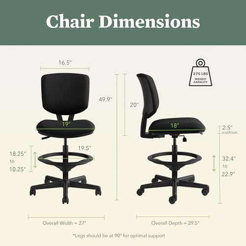 Image of HON Volt Standing Desk Chair with Footring, Armless Ergonomic Task Stool with Center‑Tilt Recline, Adjustable Height Seating for Computers, Desks, and Sit‑Stand Workstations, Black