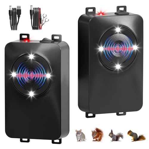 2-Pack Ultrasonic Rodent Repellent for Car Engine, Battery Powered Under Hood Mouse Repellent with LED Strobe Lights, Keeps Rats and Mice Away from RVs, Garage, Shed, Attic, Indoors