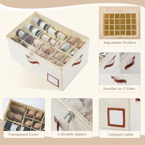 Image of INSTY Shoe Organizer for Closet Fit 24 Pairs, Large Foldable Shoe Storage Containers Box Bin w /Adjustable Dividers and Clear Cover, Space Saving Shoe Storage Organizer Box, Beige