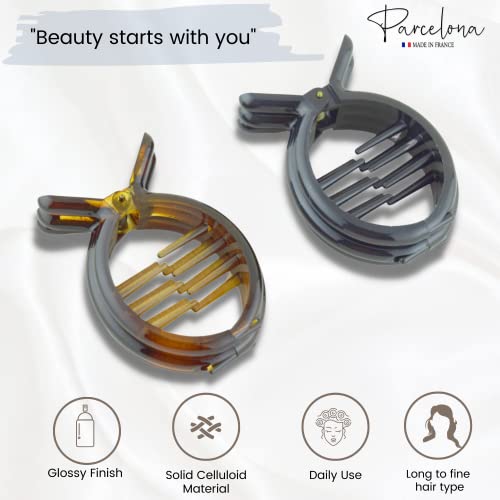 Parcelona French Round Inner Teeth Tortoise Shell And Black Cellulose Set Of 2 Hair Clips For Women thumb #1