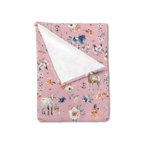 Image of Goat Retro Boho Floral Baby Blanket for Boy Girl Watercolor Goat Lamb Flowers Flannel Soft Swaddle Blanket Farm Animals Life Receiving Blanket for Newborn Toddler Nursery Crib Bed Blanket 30x40