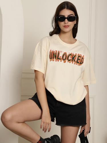 Image of Fabflee Oversized Cotton Baggy Drop Shoulder Graphic Tee with Half Sleeves | Korean Casual Loose T-Shirt for Women