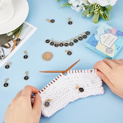 SUNNYCLUE 11Pcs Number 0~9 Stitch Markers Charms Black Knitting Row Counter Chains Alloy Enamel Removable Gold Lobster Clasp Locking Metal Stitch Marker for Crocheting DIY Crafts Handmade Jewellery - Image 3