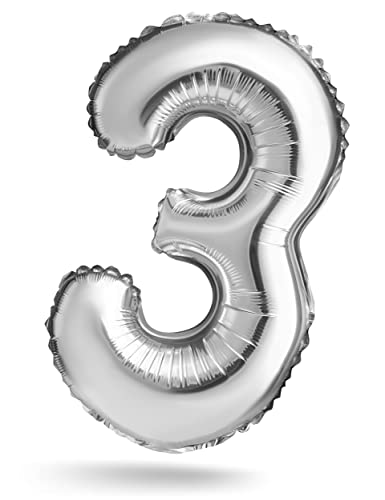 Palloncino numero, argento, 40 cm, decorazione compleanno, compleanno bambini, anniversario, regalo palloncino in foil ad aria o elio per compleanno, matrimonio, festa di laurea, (numero 3)