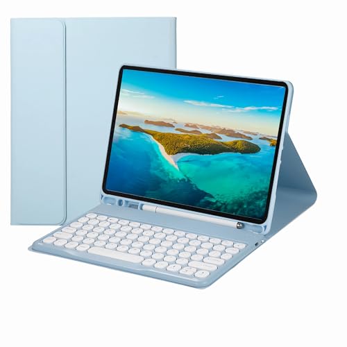 XFTeoux Clavier Étui pour Ipad Air 6 13Inch 2024, Cute Round Keyboard Color Wireless Detachable, Leather Folio Cover with Pencil Holder pour Ipad Air 6Ème Génération,Sky Blue