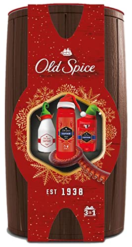 Old Spice Holiday Gift Set for Men, Christmas Themed Men's 3 in 1 Kit, Includes Old Spice Captain Body Wash, Old Spice Captain Deodorant Stick, and Old Spice Captain Lotion, in a Decorative Barrel