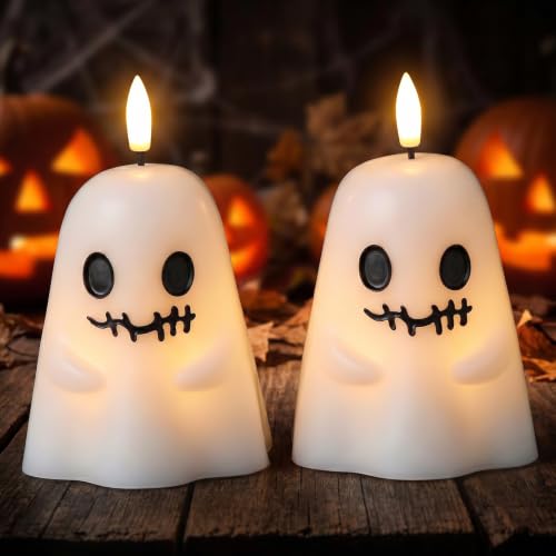 Image of Halloween Spooky Ghost Flameless Candles Battery Operated with Timer | White, Real Wax 3D Wick Flickering, 6H Timer, LED Light, Spooky Halloween Indoor Decor & Gift, 3.5 inch x 5.5 inch, 2 pack
