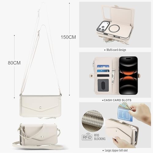 Étui en cuir iPhone 17 Pro Max blanc chic avec fermeture éclair et bandoulière