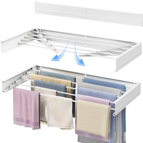 SYKIARIOL Wall Mounted Clothes Airer Retractable Clothes Drying Rack 97cm x 48.8cm x 9.7cm Foldable Laundry Drying Rack Wall Mounted Clothes Drying Rack with 5 Rods Drying Rack for Towel White