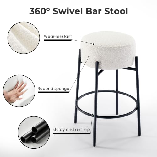 Set de 4 Butacos Modernos para Barra 26" Sin Respaldo, Asiento Redondo Acolchonado Blanco con Giratorio 360° para Isla de Cocina y Pub en Casa miniatura 4