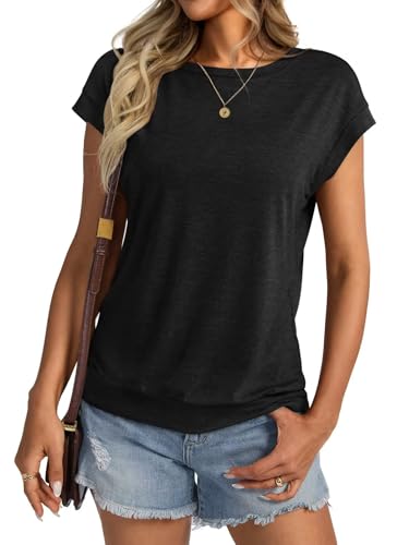 Womens Crewneck Cap Sleeve T Shirts Banded Bottom Top Loose Fit Short Sleeves Tee Casual Summer Basic Tops 2025