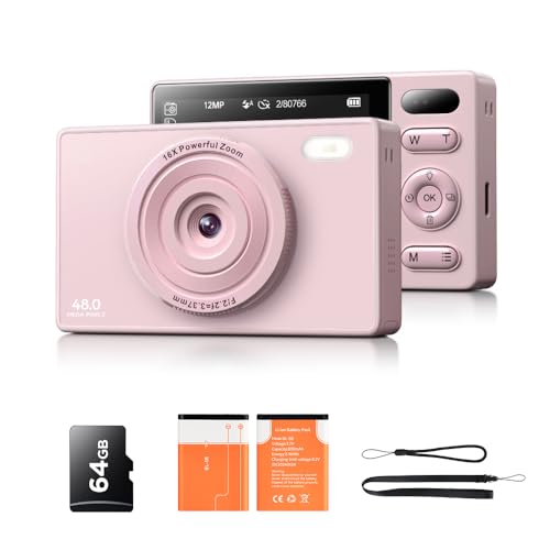 Appareil Photo NuméRique Enfant avec 64Go Carte: 16X Zoom 48MP Numerique Compact Autofocus 1080P Camera Vlog Digital avec 2 Batteries pour Fille Adolescents DéButants Adultes