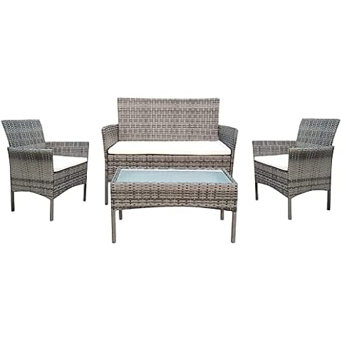 FINE GARDEN Simple & Elegant 4 Seater Rattan Garden Furniture Set | Tempered Glass Coffee Table and Water Resistant Cushions | Durable & Weather Proof | Ideal for Backyard Lawn Porch, Poolside - Grey Cover