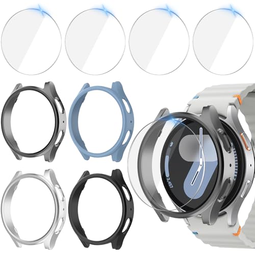 Jvchengxi 4+4Pack Case 40mm for Samsung Galaxy Watch 7 Screen Protector, Hard PC Bumper Cover + HD Tempered Glass Screen Protector Films for Galaxy Watch 7 40mm (Black+Silver+Saphire+SpaceGrey)