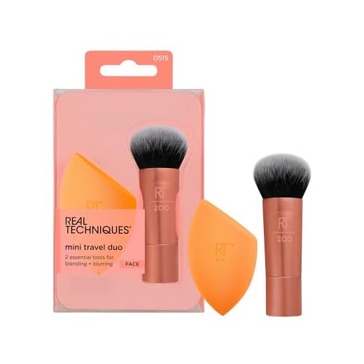 Real Techniques Mini conjunto de pincéis de maquiagem para viagem, mini pincel de base e esponja de maquiagem para misturar em movimento, alcançar uma base completa, sem látex e sem crueldade,