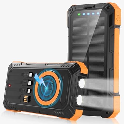 Power Bank Solar Charger,49800mAh Wireless Portable Charger with 4 Built-in Cables,22.5W Fast Charging Battery Pack USB-C in/Output PD+QC3.0 Portable Power Bank for All Cell Phones(Light Orange) Cover
