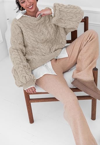 Image of PRETTYGARDEN Womens Sweaters Spring 2026 Cable Knit Long Sleeve Crewneck Oversized Sweater Chunky Pullover Loose Outfits